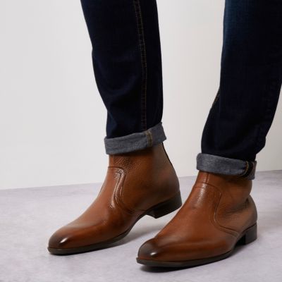 Brown leather zip boots